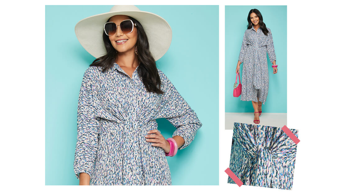 Three Quarter Sleeve Print Tie Front Dress